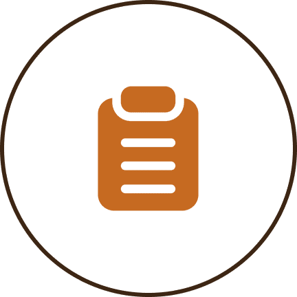 Clipboard icon inside a black circular background.